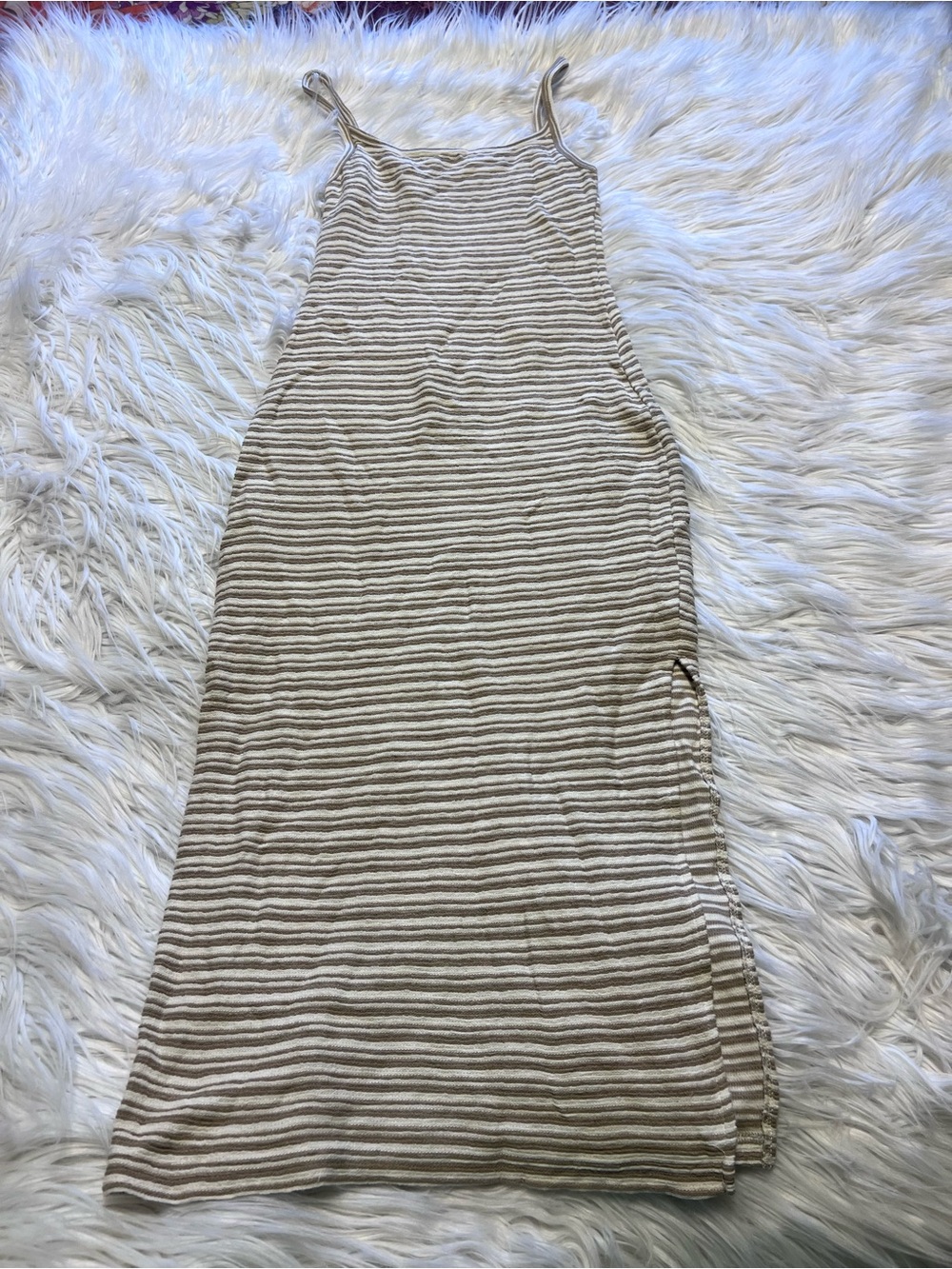 Ghanda Beige & White Striped Spaghetti Strap Dress